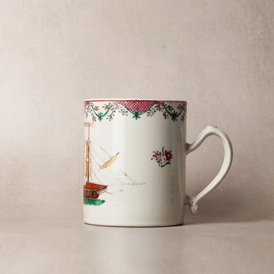 Lot 45 - A Chinese export famille-rose 'ship' mug, Qing dynasty, Qianlong period, circa 1780