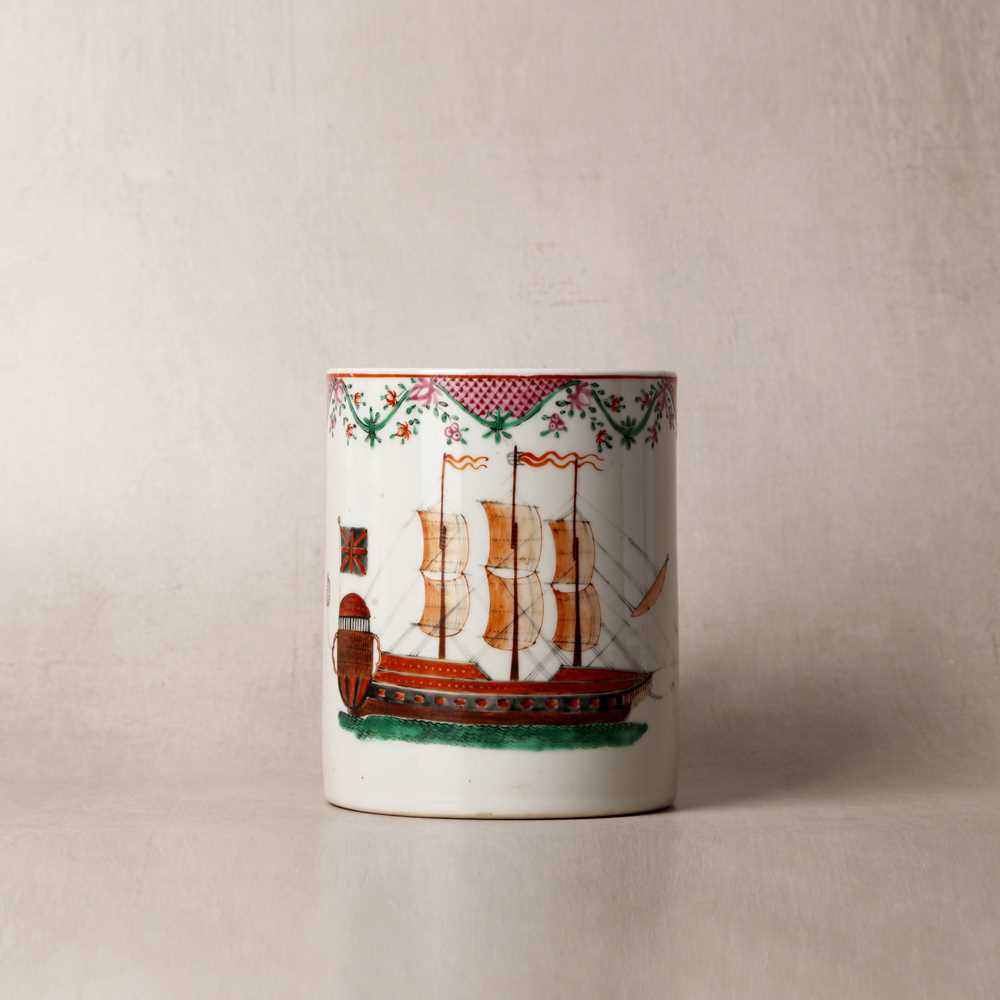 Lot 45 - A Chinese export famille-rose 'ship' mug, Qing dynasty, Qianlong period, circa 1780