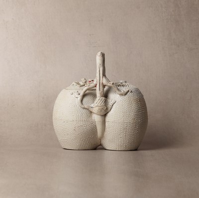 Lot 36 - A rare Chinese biscuit 'double peach' teapot, Qing dynasty, Yongzheng period