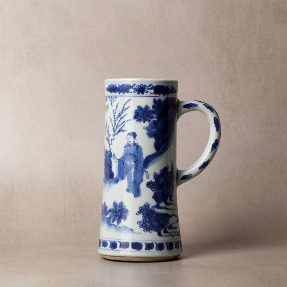 Lot 14 - A fine Chinese blue and white 'scholar' tankard, Ming dynasty, Chongzhen period
