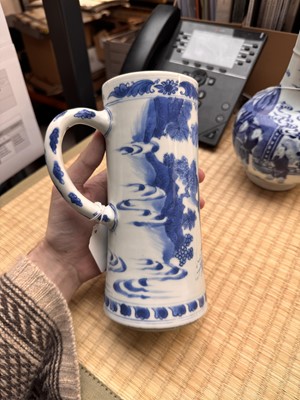 Lot 14 - A fine Chinese blue and white 'scholar' tankard, Ming dynasty, Chongzhen period