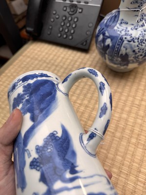 Lot 14 - A fine Chinese blue and white 'scholar' tankard, Ming dynasty, Chongzhen period