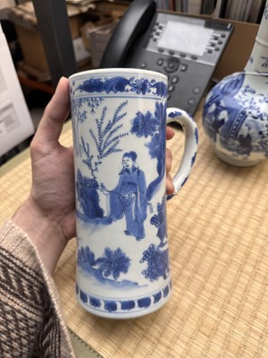 Lot 14 - A fine Chinese blue and white 'scholar' tankard, Ming dynasty, Chongzhen period