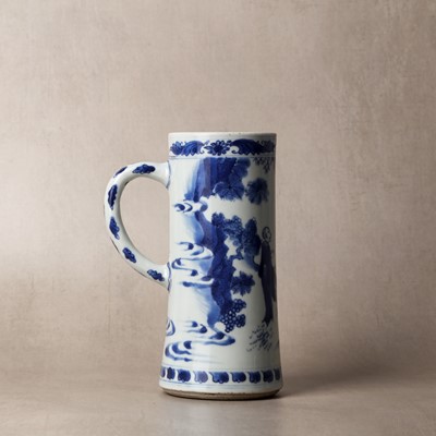 Lot 14 - A fine Chinese blue and white 'scholar' tankard, Ming dynasty, Chongzhen period