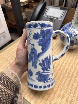 Lot 14 - A fine Chinese blue and white 'scholar' tankard, Ming dynasty, Chongzhen period