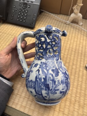 Lot 18 - A rare Chinese export blue and white 'puzzle' jug, Qing dynasty, Kangxi period