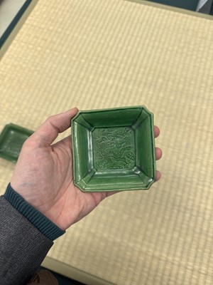 Lot 26 - A pair of small Chinese green-glazed 'dragon' dishes, Qing dynasty, Shunzhi period