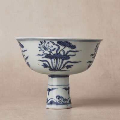 Lot A fine Chinese blue and white 'lotus bouquet' stem bowl, Ming Dynasty, Jiajing / Longqing period