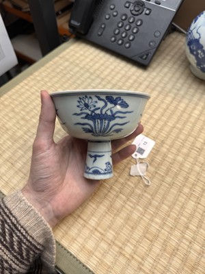 Lot 13 - A fine Chinese blue and white 'lotus bouquet' stem bowl, Ming dynasty, Jiajing / Longqing period