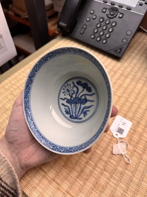 Lot 13 - A fine Chinese blue and white 'lotus bouquet' stem bowl, Ming dynasty, Jiajing / Longqing period