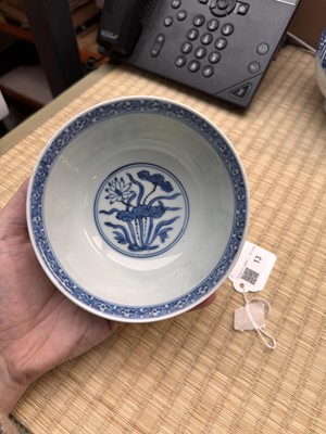 Lot 13 - A fine Chinese blue and white 'lotus bouquet' stem bowl, Ming dynasty, Jiajing / Longqing period