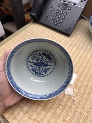 Lot 13 - A fine Chinese blue and white 'lotus bouquet' stem bowl, Ming dynasty, Jiajing / Longqing period