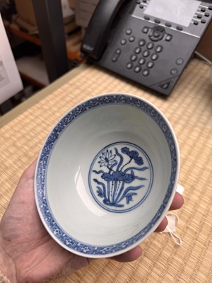 Lot 13 - A fine Chinese blue and white 'lotus bouquet' stem bowl, Ming dynasty, Jiajing / Longqing period