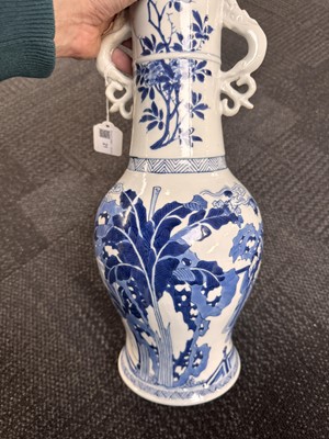 Lot 21 - A rare Chinese blue and white 'Yuanyang Tao' twin-handled vase, Qing dynasty, Kangxi period