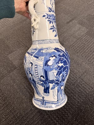 Lot 21 - A rare Chinese blue and white 'Yuanyang Tao' twin-handled vase, Qing dynasty, Kangxi period