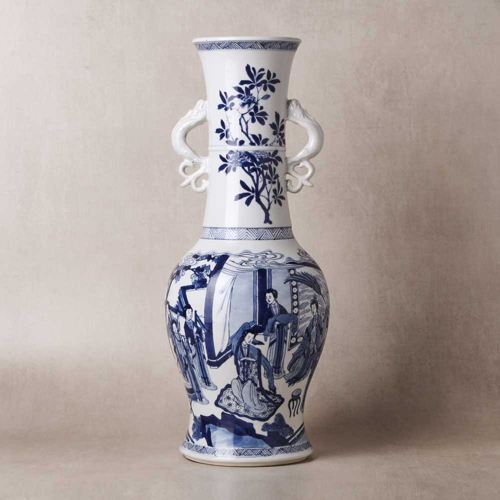 Lot 21 - A rare Chinese blue and white 'Yuanyang Tao' twin-handled vase, Qing dynasty, Kangxi period