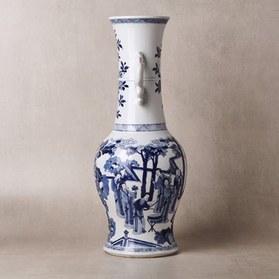 Lot 21 - A rare Chinese blue and white 'Yuanyang Tao' twin-handled vase, Qing dynasty, Kangxi period