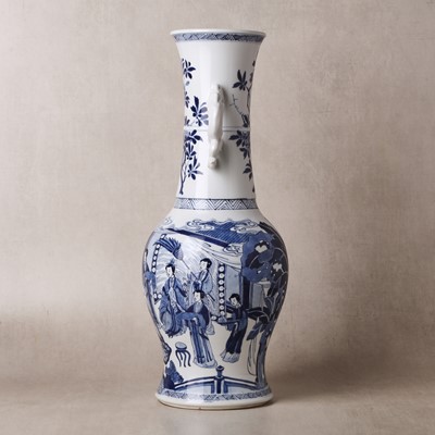 Lot 21 - A rare Chinese blue and white 'Yuanyang Tao' twin-handled vase, Qing dynasty, Kangxi period