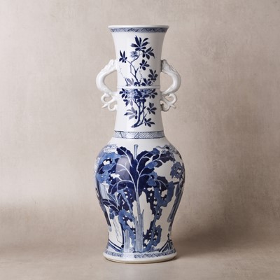 Lot 21 - A rare Chinese blue and white 'Yuanyang Tao' twin-handled vase, Qing dynasty, Kangxi period