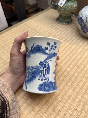 Lot 23 - A Chinese blue and white 'Journey to the West' brush pot, Qing dynasty, Guangxu period