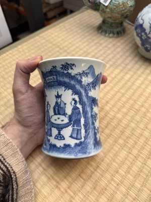 Lot 23 - A Chinese blue and white 'Journey to the West' brush pot, Qing dynasty, Guangxu period