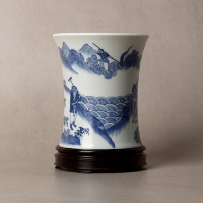 Lot 23 - A Chinese blue and white 'Journey to the West' brush pot, Qing dynasty, Guangxu period
