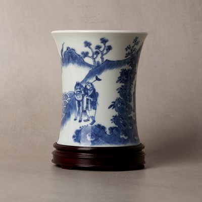 Lot 23 - A Chinese blue and white 'Journey to the West' brush pot, Qing dynasty, Guangxu period