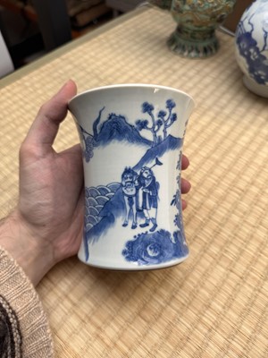 Lot 23 - A Chinese blue and white 'Journey to the West' brush pot, Qing dynasty, Guangxu period