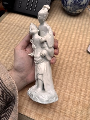 Lot 37 - A Chinese blanc-de-chine 'piggyback' figure group, Qing dynasty, Qianlong period, circa 1760