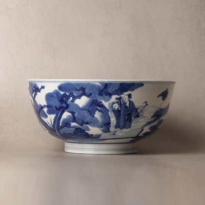 Lot A fine Chinese blue and white 'scholars and deer' bowl, Qing Dynasty, Kangxi mark and period