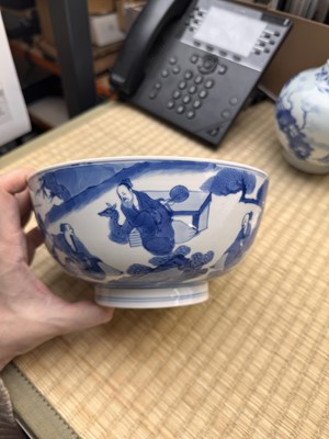 Lot 19 - A fine Chinese blue and white 'scholars and deer' bowl, Qing dynasty, Kangxi mark and period