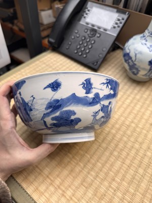 Lot 19 - A fine Chinese blue and white 'scholars and deer' bowl, Qing dynasty, Kangxi mark and period