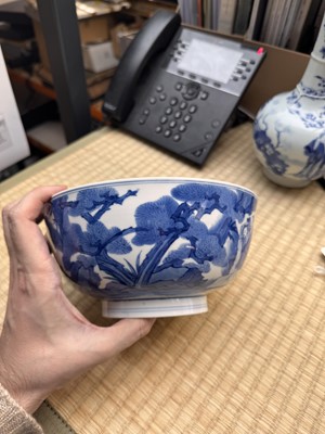 Lot 19 - A fine Chinese blue and white 'scholars and deer' bowl, Qing dynasty, Kangxi mark and period