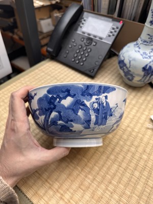Lot 19 - A fine Chinese blue and white 'scholars and deer' bowl, Qing dynasty, Kangxi mark and period