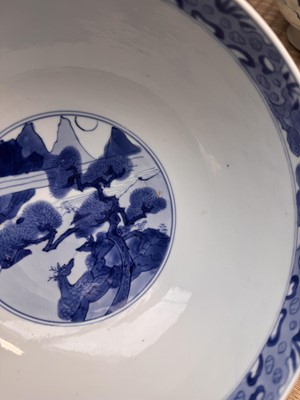 Lot 19 - A fine Chinese blue and white 'scholars and deer' bowl, Qing dynasty, Kangxi mark and period