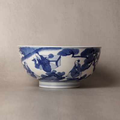 Lot 19 - A fine Chinese blue and white 'scholars and deer' bowl, Qing dynasty, Kangxi mark and period