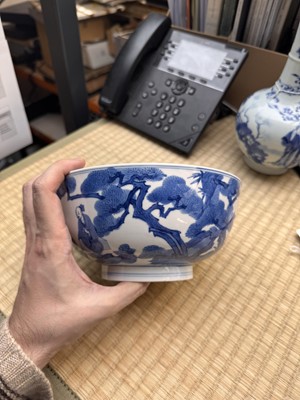 Lot 19 - A fine Chinese blue and white 'scholars and deer' bowl, Qing dynasty, Kangxi mark and period