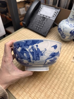 Lot 19 - A fine Chinese blue and white 'scholars and deer' bowl, Qing dynasty, Kangxi mark and period