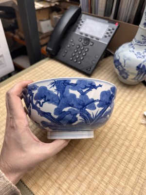 Lot 19 - A fine Chinese blue and white 'scholars and deer' bowl, Qing dynasty, Kangxi mark and period