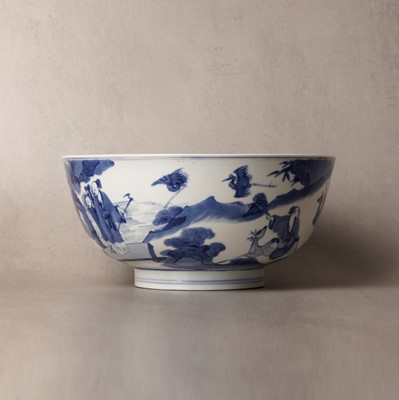 Lot 19 - A fine Chinese blue and white 'scholars and deer' bowl, Qing dynasty, Kangxi mark and period