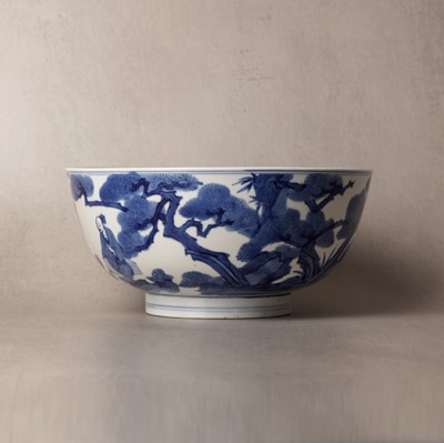 Lot 19 - A fine Chinese blue and white 'scholars and deer' bowl, Qing dynasty, Kangxi mark and period