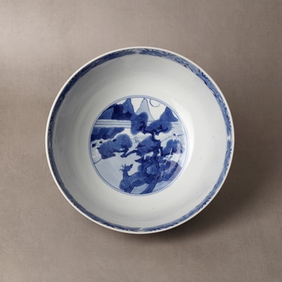 Lot 19 - A fine Chinese blue and white 'scholars and deer' bowl, Qing dynasty, Kangxi mark and period