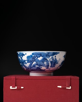 Lot 19 - A fine Chinese blue and white 'scholars and deer' bowl, Qing dynasty, Kangxi mark and period