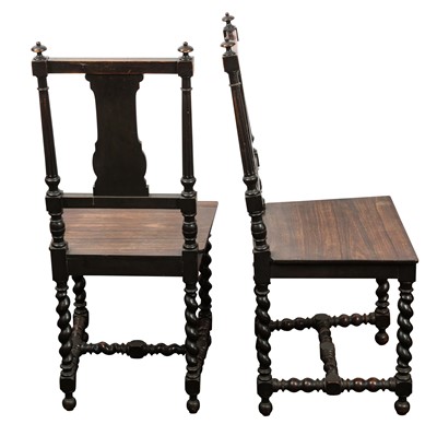 Lot 354 - A pair of Italian Renaissance Revival ivory inlaid ebonised hall chairs