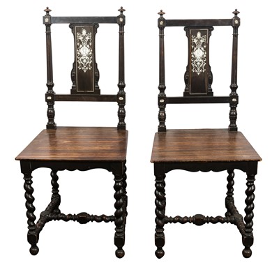 Lot 354 - A pair of Italian Renaissance Revival ivory inlaid ebonised hall chairs