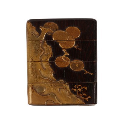 Lot 48 - A Japanese three-case lacquer inro with shishi, Kajikawa family, Edo period, 19th century