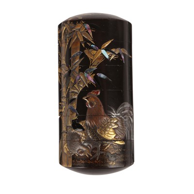 Lot 40 - A Japanese five-case black lacquer inro with Toba and chickens, Edo period