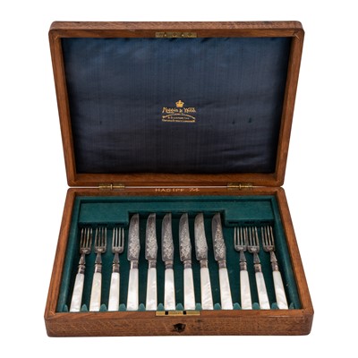 Lot 545 - A set of six Edwardian sterling silver and mother of pearl fruit eaters, London 1904 by William Hutton and Sons Ltd