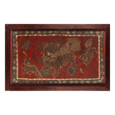 Lot 566 - A Chinese embroidered silk 'qilin' panel, 19th / 20th century