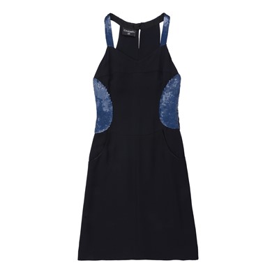 Lot 70 - Chanel Navy Silk Lesage Embellished Halter Dress